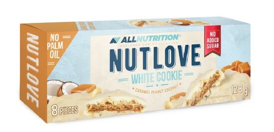 Kokosriekstu cepumi NUT LOVE ALLNUTRITION ar karameli un zemesriekstiem, pārklāti ar piena glazūru,